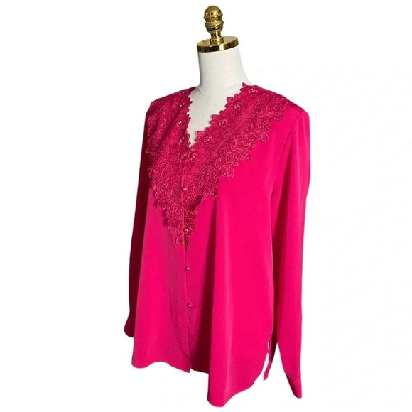 K C STUDIO | Vintage Magenta Lace Embroidered Satin Button Down Blouse Size 16W - Picture 3 of 9